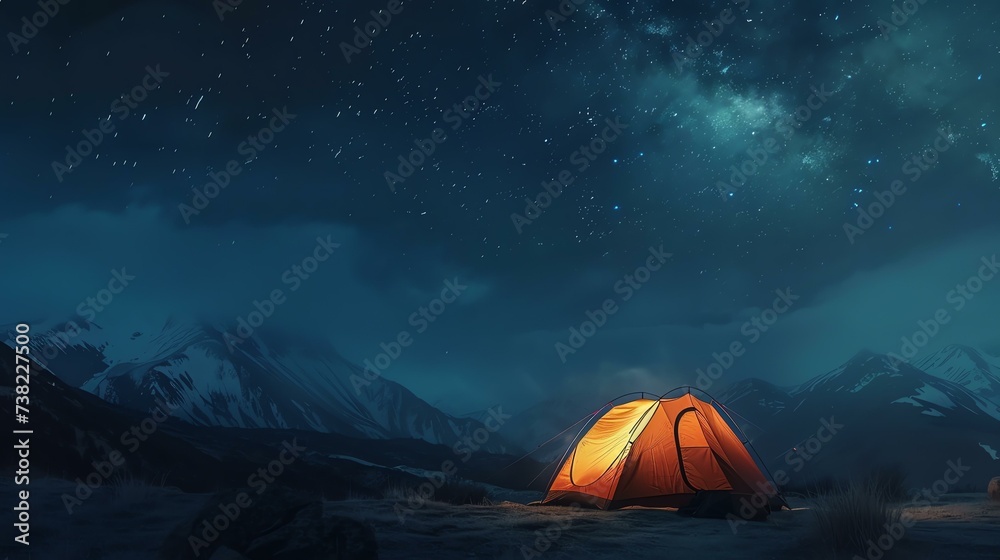 Experience the thrill of the great outdoors with this captivating image of a rustic tent glowing from within, surrounded by the enchanting beauty of a starry night sky. Perfect for adventuro