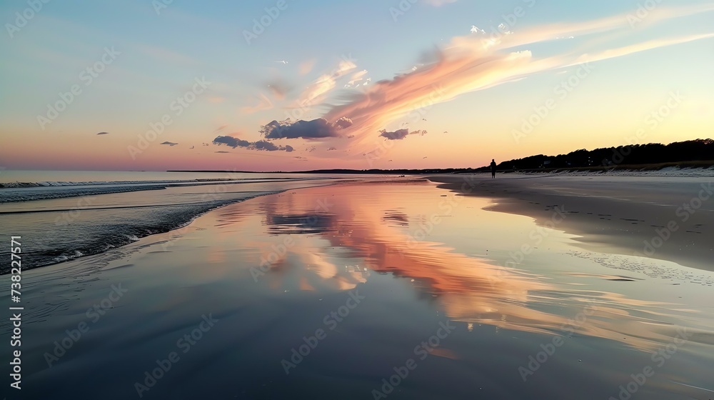 A breathtaking beachscape at twilight, where the tranquil waters mirror the ethereal hues of the setting sun. A solitary figure strolls along the shoreline, surrounded by the mesmerizing col