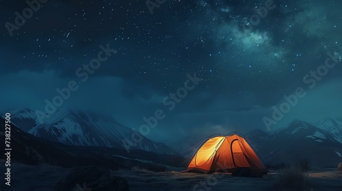 Experience the thrill of the great outdoors with this captivating image of a rustic tent glowing from within, surrounded by the enchanting beauty of a starry night sky. Perfect for adventuro © stocker
