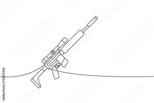 Sniper rifle, tactical assault rifle one line continuous drawing. Various modern weapons continuous one line illustration. Vector linear illustration.