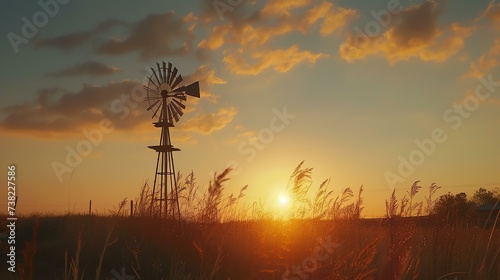 A tranquil scene unfolds as the sun gracefully sets behind a rustic windmill, casting warm hues across the serene landscape. Feel the calming vibes and embrace the peacefulness of this pictu