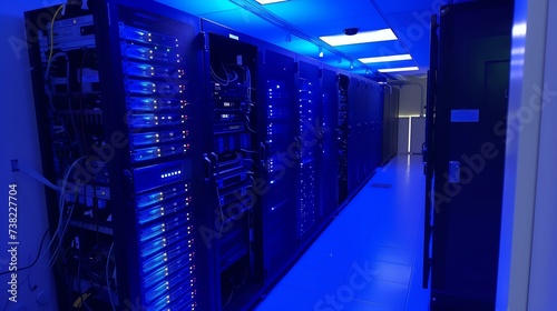 A mesmerizing server room bathed in stunning blue lights, revealing an array of cutting-edge computing racks. Witness the power of technology in this captivating image.