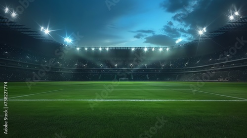 A mesmerizing soccer stadium illuminated by vibrant lights, casting a magical glow under the night sky, creating an atmosphere of excitement and anticipation. The scene captures the electric