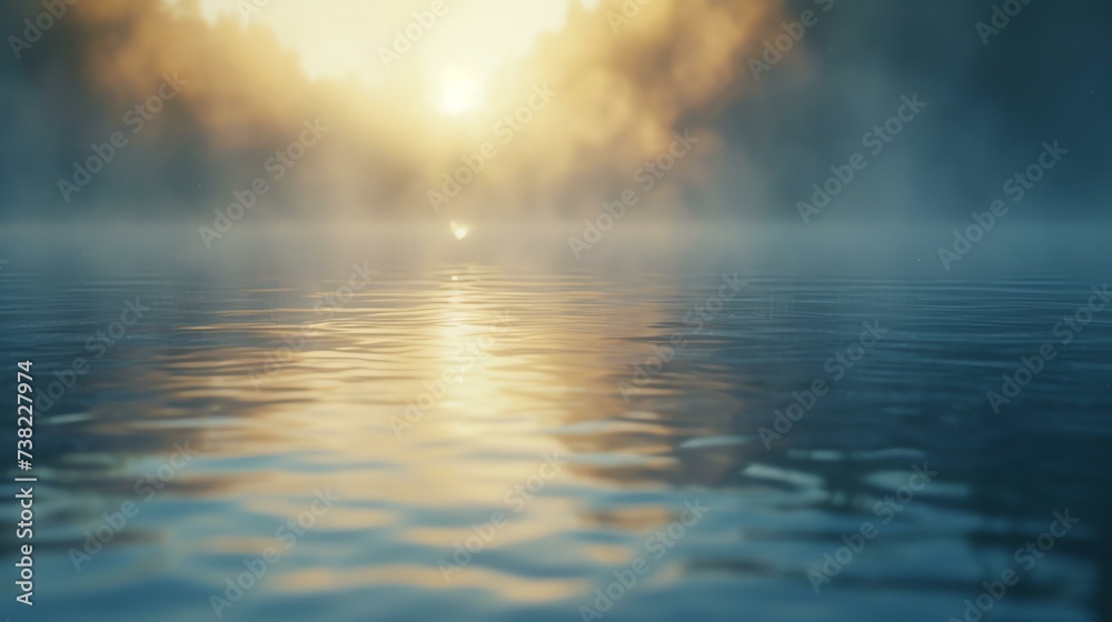 Serene dawn scene at a mist-covered lake, bathed in a gentle, otherworldly glow by the emerging sun.