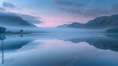 Serene dawn scene at a mist-covered lake, bathed in a gentle, otherworldly glow by the emerging sun.