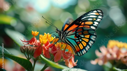 A mesmerizing macro capture of a butterfly delicately perched on a captivating flower, bathed in the warm glow of natural sunlight. The intricate patterns and vibrant colors on both the butt