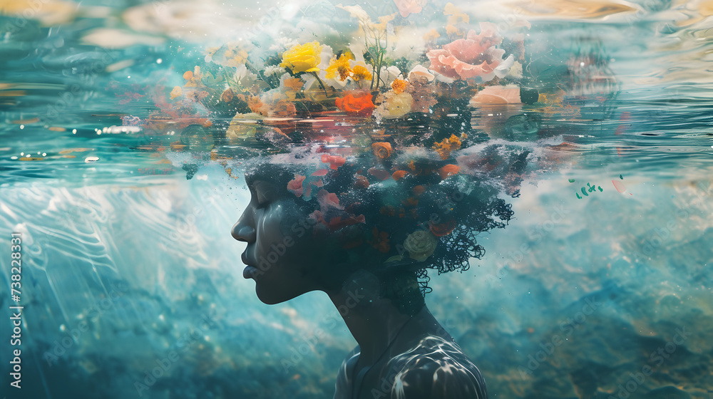 Surreal photo collage of a person submerged in water filled with abstract thoughts and emotions, portraying the immersive nature of mental health experiences


 - obrazy, fototapety, plakaty 