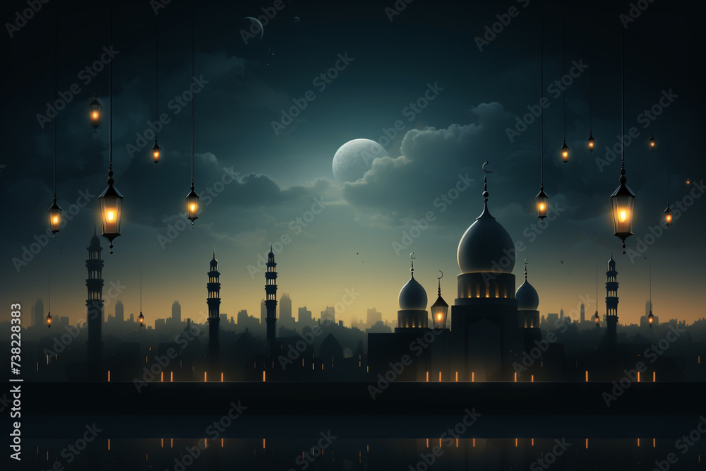 Illustration of mosque with reflection in water. Ramadan Kareem background