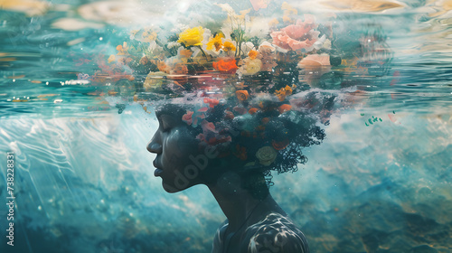Surreal photo collage of a person submerged in water filled with abstract thoughts and emotions, portraying the immersive nature of mental health experiences


 photo