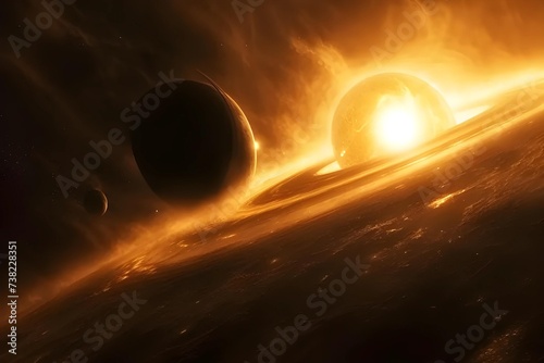 Papier peint Ultra-high definition stock photo capturing the interaction between a black hole and a nearby star, illustrating the gravitational pull and accretion disk