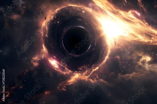 Ultra-high definition stock photo capturing the interaction between a black hole and a nearby star, illustrating the gravitational pull and accretion disk.