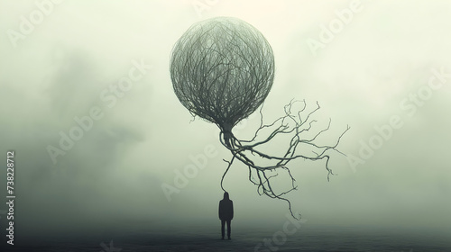 Surreal photo manipulation of a person holding a balloon made of intertwining vines, symbolizing the connection between nature and mental well-being