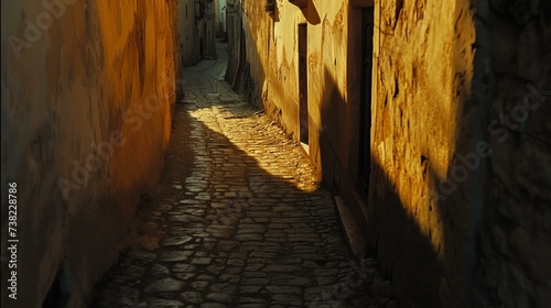 A mesmerizing photograph captures the allure of an ancient town s narrow  cobblestone alleyway. As warm evening light delicately brushes the scene  long shadows dance and evoke a profound se