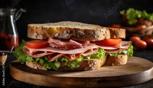 Fresh and tasty sandwiches with ham, lettuce and tomatoes. Fast food on wooden board.
