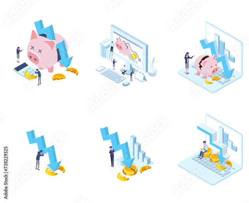 recession and bankrupt concept illustration set,business graph on the laptop with pig bank	