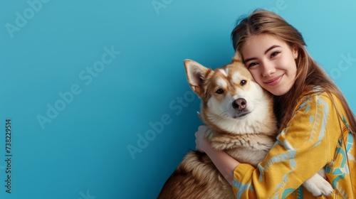 Young girl hugging a dog against a blue background, symbolizing friendship and happiness. Suitable for family and pet-related content.