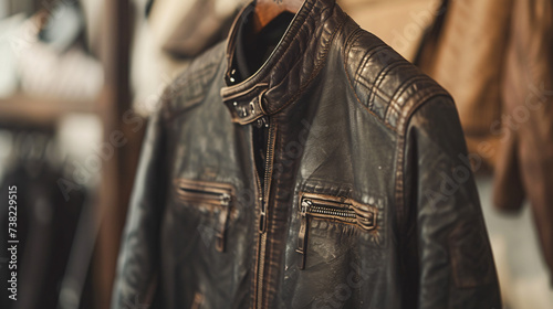 A stunning upscale leather jacket mockup displayed on a sleek wooden hanger, highlighting the jacket's exquisite texture and impeccable craftsmanship.