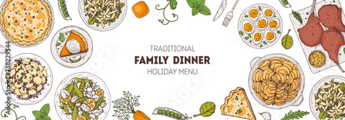 Easter food hand drawn. Vector illustration. Festive table with Easter food. Hand drawing illustration. Menu set.