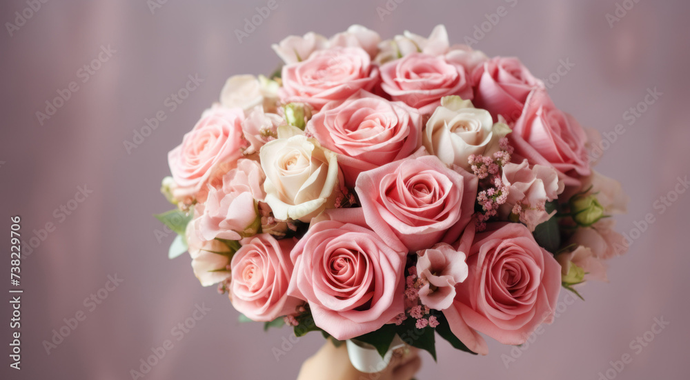 woman in a holding a beautiful blossoming flower bouquet of fresh roses, carnations, matthiola, in pink and pastel cream colors on the grey wall background