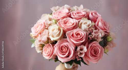 woman in a holding a beautiful blossoming flower bouquet of fresh roses  carnations  matthiola  in pink and pastel cream colors on the grey wall background