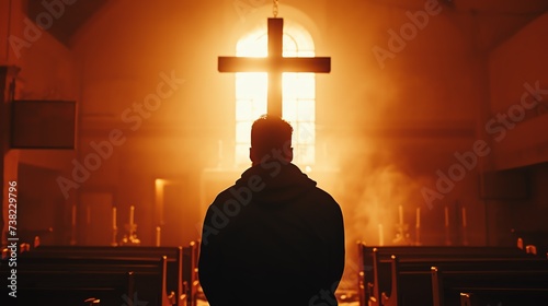 A man stands in contemplation facing a glowing cross inside a church, with warm light filling the space around him, embodying a moment of divine connection and inner peace.