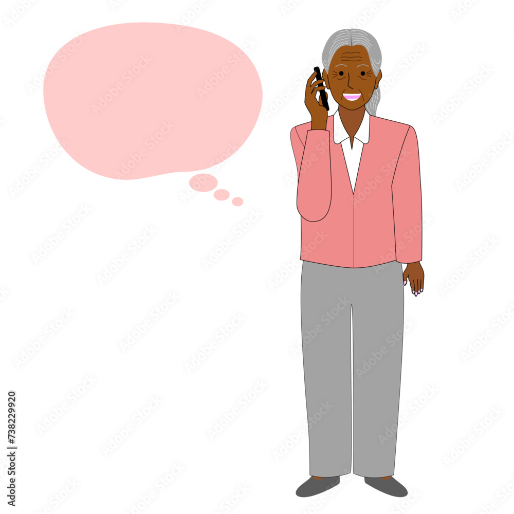 Black senior woman with a cellphone, white background.