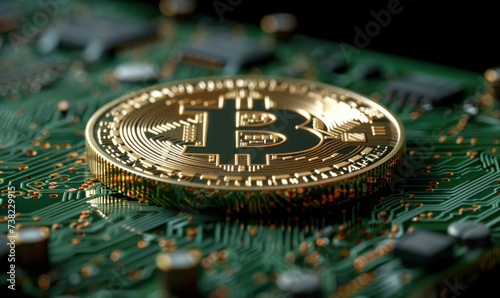 Bitcoin positioned over a microprocessor on a motherboard, portraying cryptocurrency mining. Selective focus, copy space available