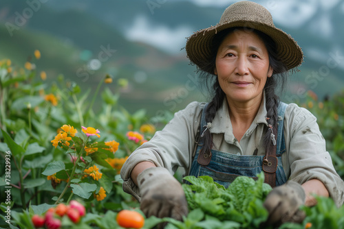 A Portrait of an Older Asian Woman, Capturing the Essence of Culture and Tradition. Her Face Reflects Years of Wisdom and a Deep Connection to the Vibrant Heritage of Her Village photo