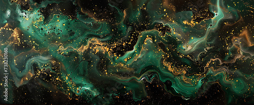 an abstract painting of emerald green and gold on bla