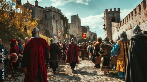Medieval knights engaging in historical reenactment at an ancient castle, wearing authentic medieval costumes. The crowd watches in awe as the knights demonstrate their sword-fighting skills photo