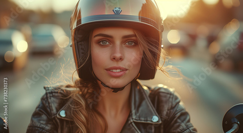 A Portrait of a Stylish and Attractive Female Motorcycle Rider. Beauty Meets Power as the Lady Embarks on a Fashionable Journey Through the Urban Landscape, Embracing the Thrill of the Ride