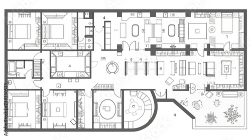 A sleek and modern black and white floor plan of a posh office building, expertly drawn to capture every detail. This sophisticated design showcases the layout, highlighting spacious confere photo