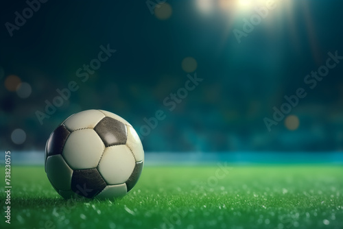 Football ball on the green football field grass with blurred stadium lights in the background. Horizontal wallpaper with large copy space for text. Sport and big game concept © Yelyzaveta