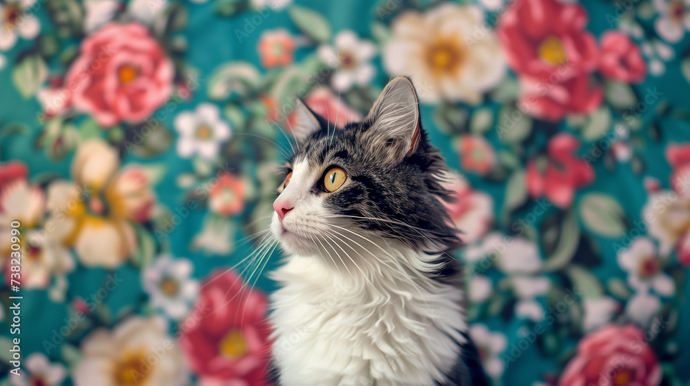 Portrail of a cat on blurred floral background Portrail of a cat on blurred floral background