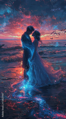 Create a fantastical image of a couple eloping on a beach where the sunset merges with the sea in a cascade of colors Ethereal creatures symbolizing guardians photo