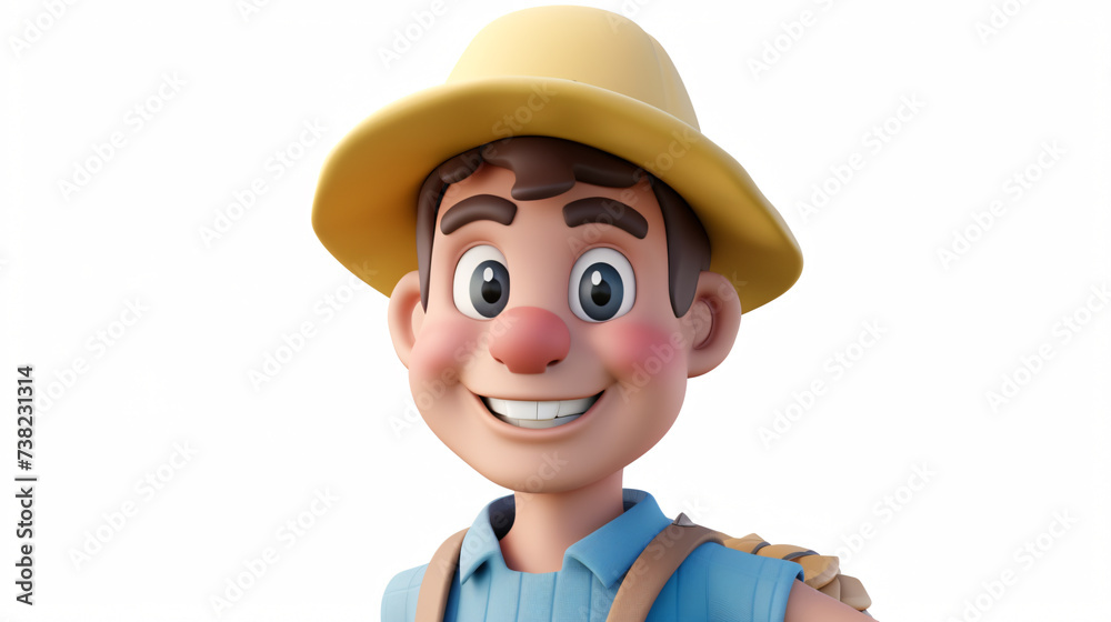 A cheerful cartoon 3D illustration of a gardener with a wide smile, captured in a close-up portrait. This endearing character is depicted against a clean white background, exuding the joy of