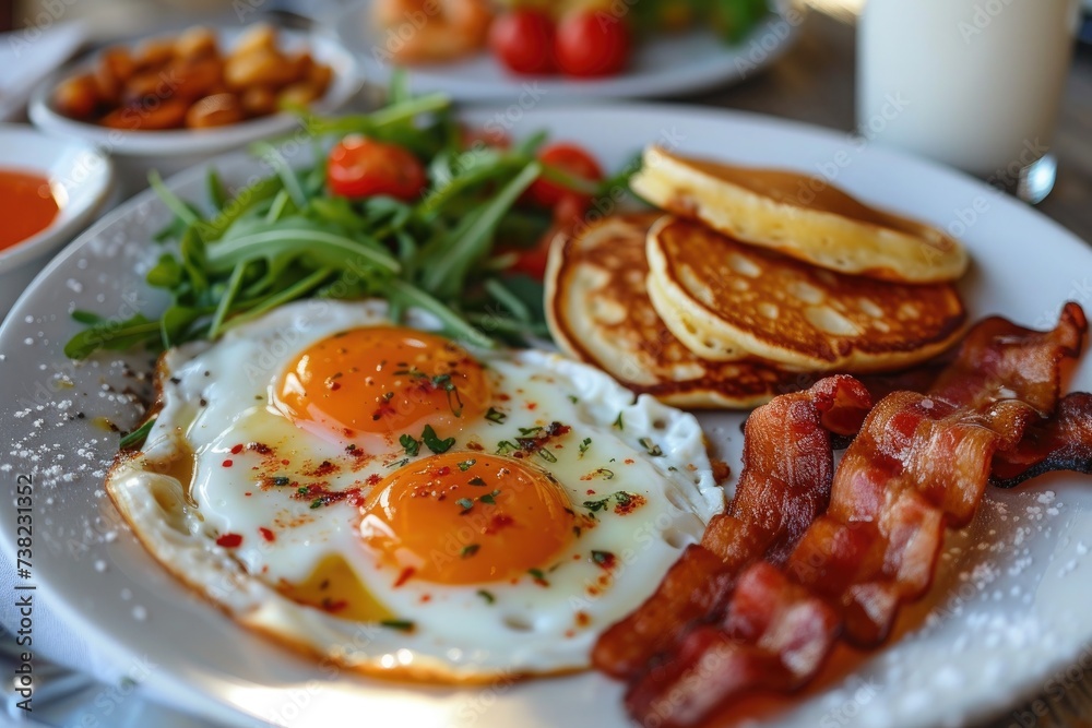 eggs, bacon and pancakes on a plate for breakfast