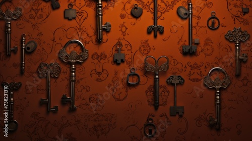 Background with antique old keys in Orange color. © Various Backgrounds