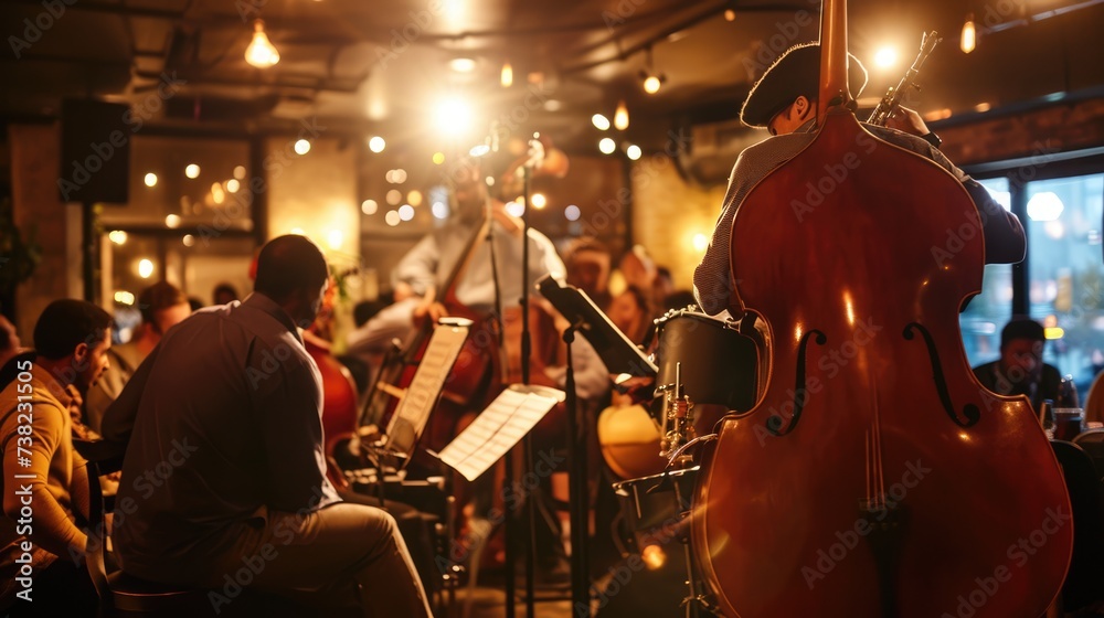 An evening at a jazz club, musicians in mid-performance, intimate lighting, audience engagement, capturing the essence of live music. Resplendent.