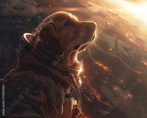 Imagine a cute dog in an astronaut suit tethered to a spacecraft orbiting a planet gazing in awe at the surrounding galaxy The sun peeks from