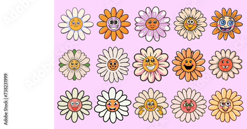 Groovy flower cartoon characters. Funny happy daisy with eyes and smile. Sticker pack in trendy retro trippy style. Isolated vector illustration