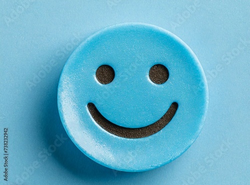 Smile face on a pill, on blue background. Happiness associated with healthcare concept. Antidepressant pill.