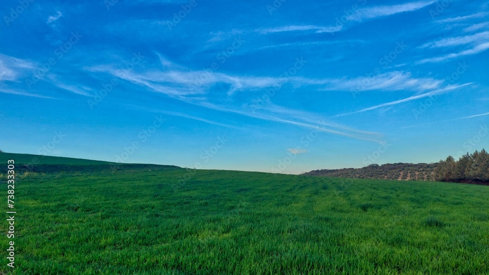 Panorama del Resquillo en una soleada tarde de primavera. Luz cálida y cielo azul sobre prados verdes brillantes y colinas en los alrededores de Úbeda, Jaén, Andalucía, España.