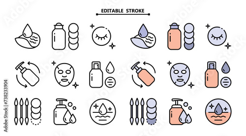 Skin care icons set vector illustration. Editable stroke. Contains such icon as aroma, cleaning, treatment, acne, moist and more.