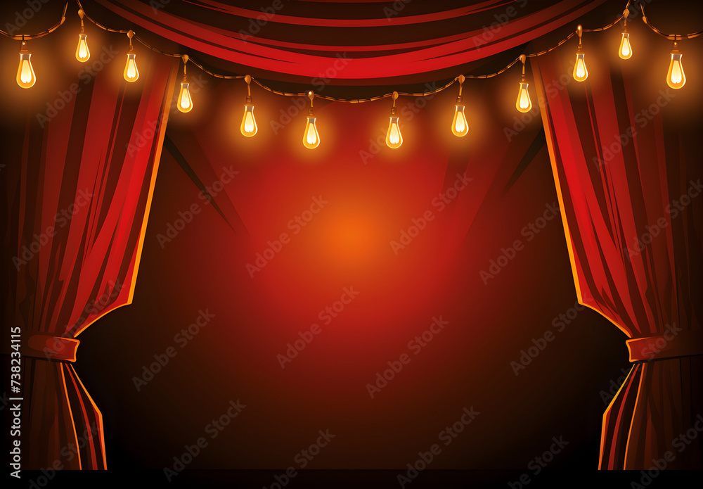 Theater stage with red curtains and garlands lights. Festive party award ceremony concept. World theatre day. International day of Theatre. Template with copy space for greeting card, invitation, flye - obrazy, fototapety, plakaty 
