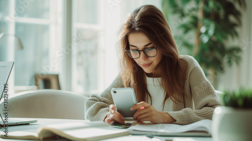An economical woman diligently works on her phone calculator at home, efficiently managing bills and taxes online. She focused on financial planning, calculates expenditures and planning the budget