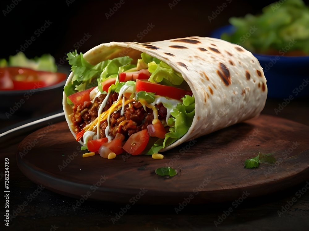 High angle view of food on table, dark background, fresh salad tomato onion, illustration