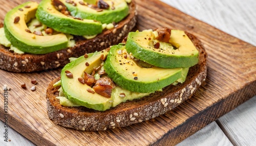 Crispy rye toasts with avocado on wooden board. Tasty and healthy breakfast.