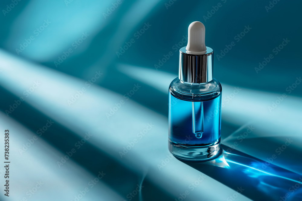 Dropper bottle of serum mockup on an abstract blue background with light and shadows Dropper bottle of serum mockup on an abstract blue background with light and shadows