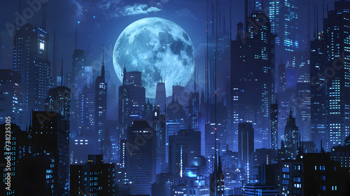 3d render city night (sky clipping path),, Night Cityscape With A Full Moon And A City Skyline 